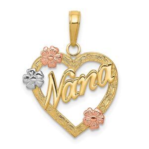 14k Tri Color Gold Floral Nana Heart Pendant, 17mm